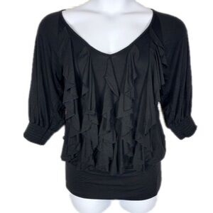 Bebe black ruffle front tunic with balloon sleeves stretchy Sz S